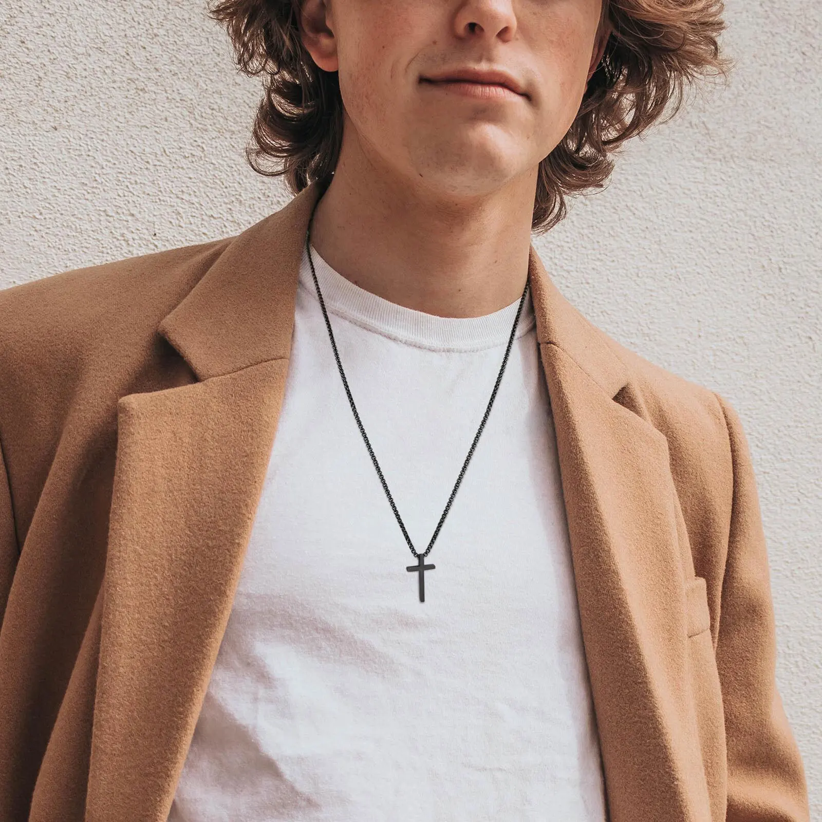 Vnox Cross Necklaces for Men Women, Simple Plain Black Silver Color Stainless Steel Thick Cross Pendant with Box Chain