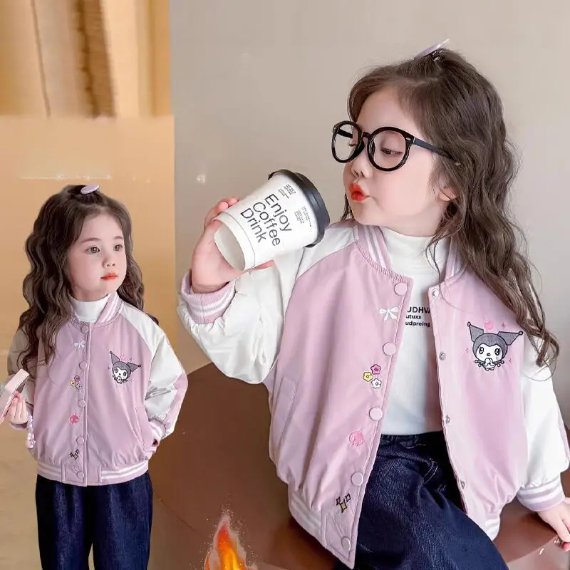 

Sanrio Kuromi Thicken Cotton-Padded Jacket Girl Winter Coat Baseball Uniform Child Kawaii Anime Cartoon Fashion Casual Clothing
