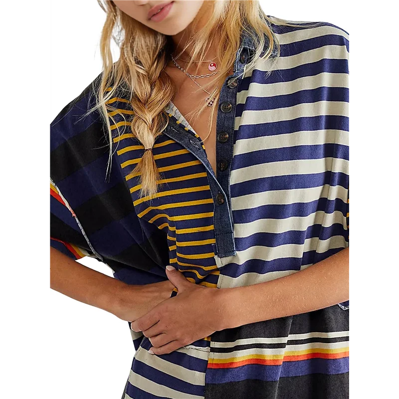 ABRT-Mulheres Contraste Listrado Babydoll Y2k Verão Patchwork Mini Camiseta Vintage V Neck Vestido de Manga Curta