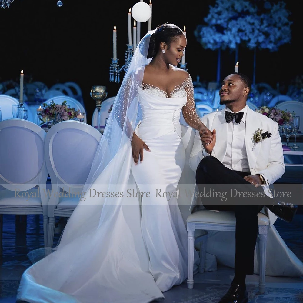 Vestido de novia de lujo con perlas de ilusión de tren desmontable, vestidos de novia de manga larga, vestidos de novia africanos de sirena de satén blanco