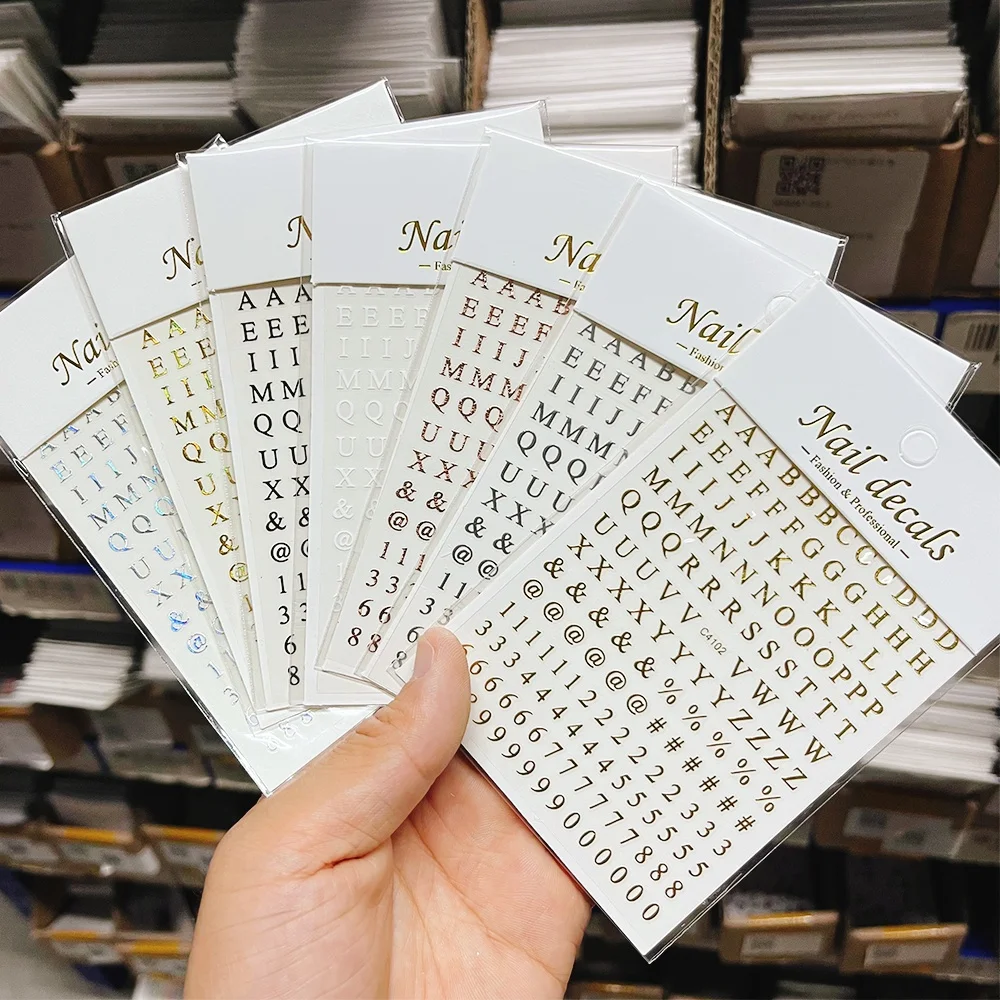 1Pc 3D Black White Small Alphabet Nail Art Sticker Gold Silver Laser English Letter Adhesive Decals DIY Number Manicure Sliders