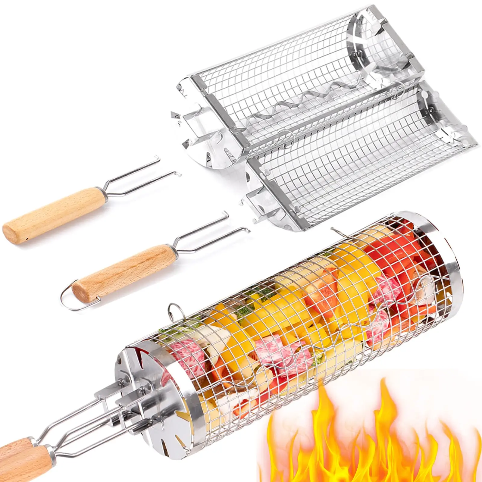 BUYYES Rolling Grill Basket BBQ Mesh Tube Removable Wooden Handle Stainless Steel Round Mesh Cage Outdoor Camping Cooking Tools