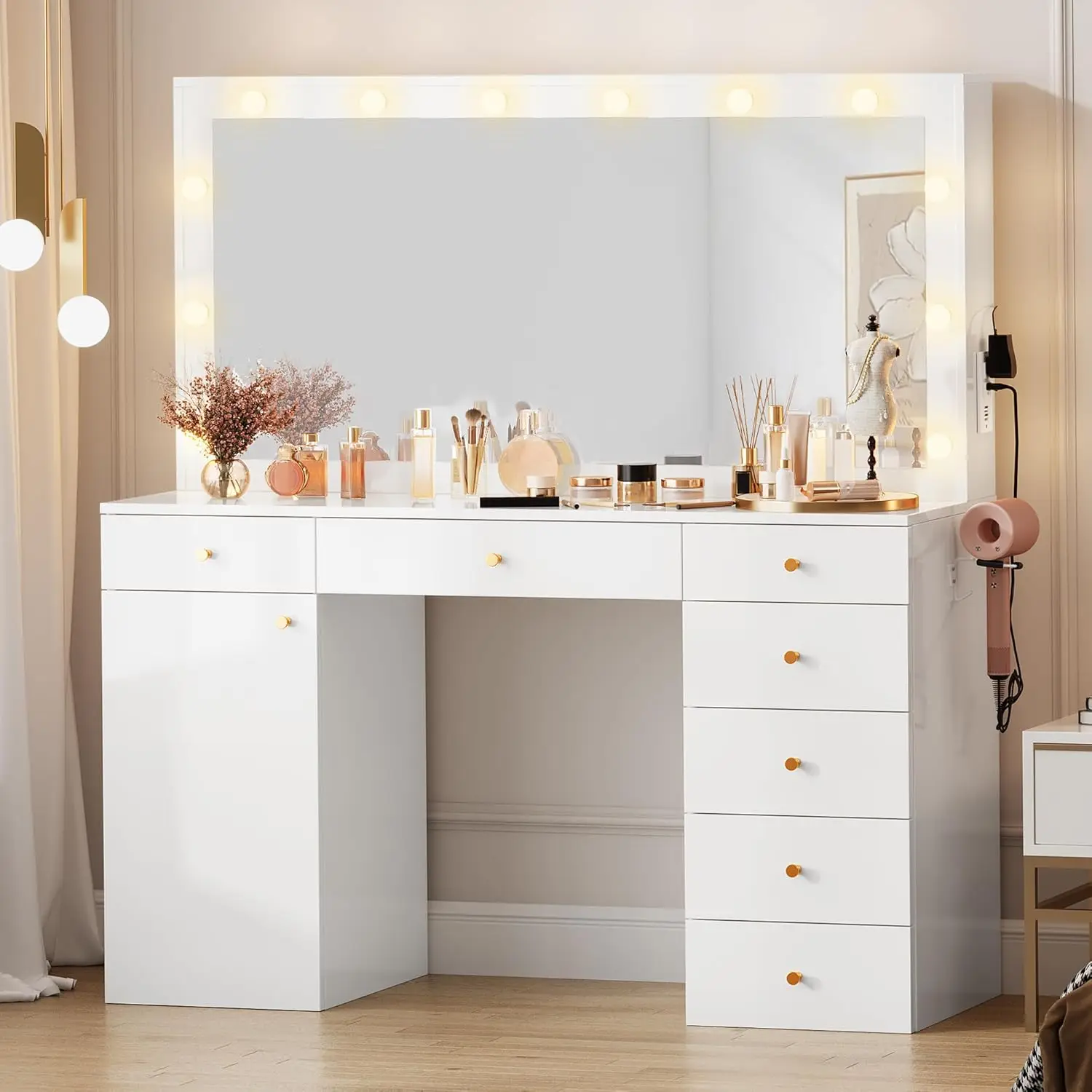 Yitahome 56'' Makeup Vanity With Mirror And Lights, Large Vanity Desk Mirror With 12 Led Hollywood Lights, 7 Drawers, Cabinet,