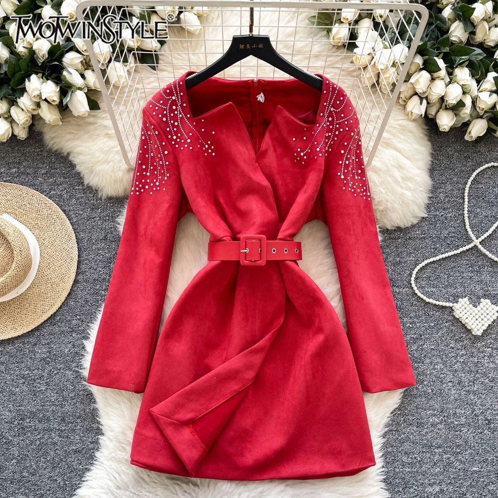 TWOTWINSTYLE Solid Elegant Dress For Women Square Collar Long Sleeve Patchwork Sashes Temperament Mini Dress Female KDR524927