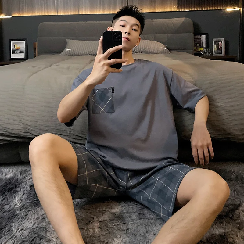 

2025 New Summer Pajamas Men's Cotton Sleepwear Teen Short Sleeve Boys Simple Casual Loungewear Men's Plus Size L-3XL