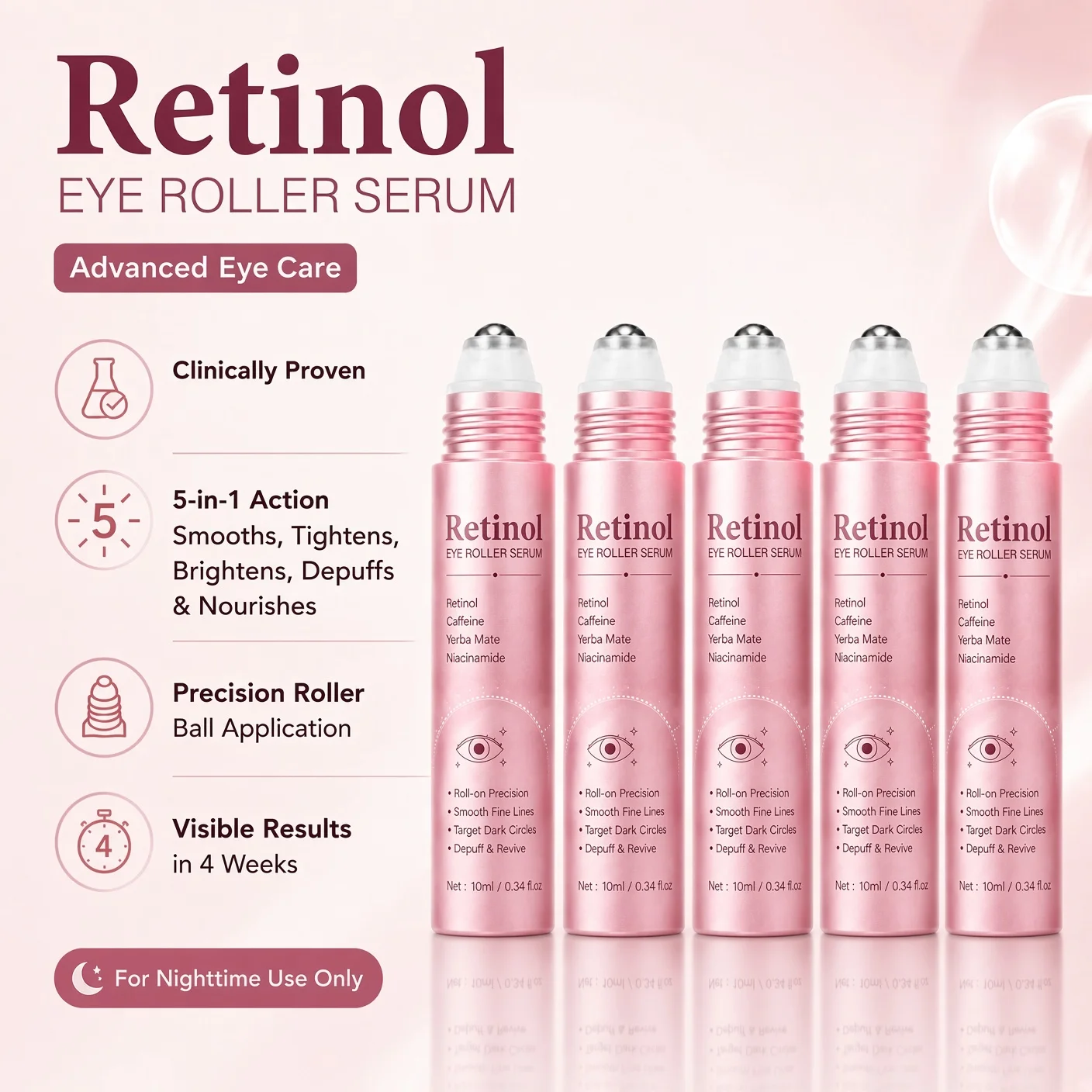 1/3/5/10pcs Retinol Caffeine Eye Roller Serum 10ml Niacinamide Roll On Dark Circles Fine Lines Depuff Firming Hydrating Eye Care