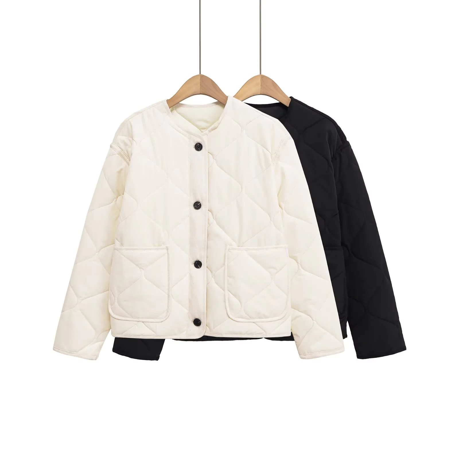 

UNIZERA2025 autumn new women's casual fashion simple loose pocket waterproof round neck long sleeve button cotton jacket