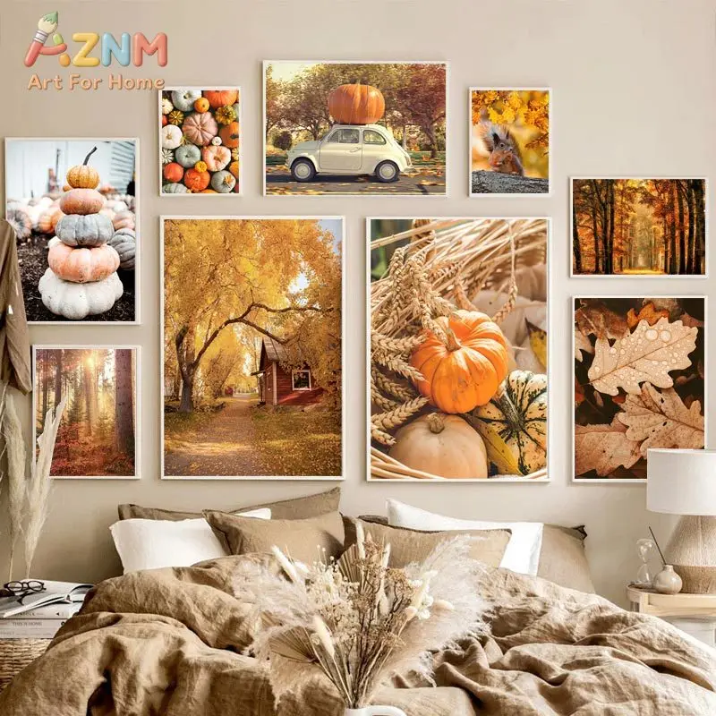Autumn Decoration Canvas Poster Yellow Leaves Fall View Wall Art Print Pumpkin Painting Halloween Picture Living Room Bedroom