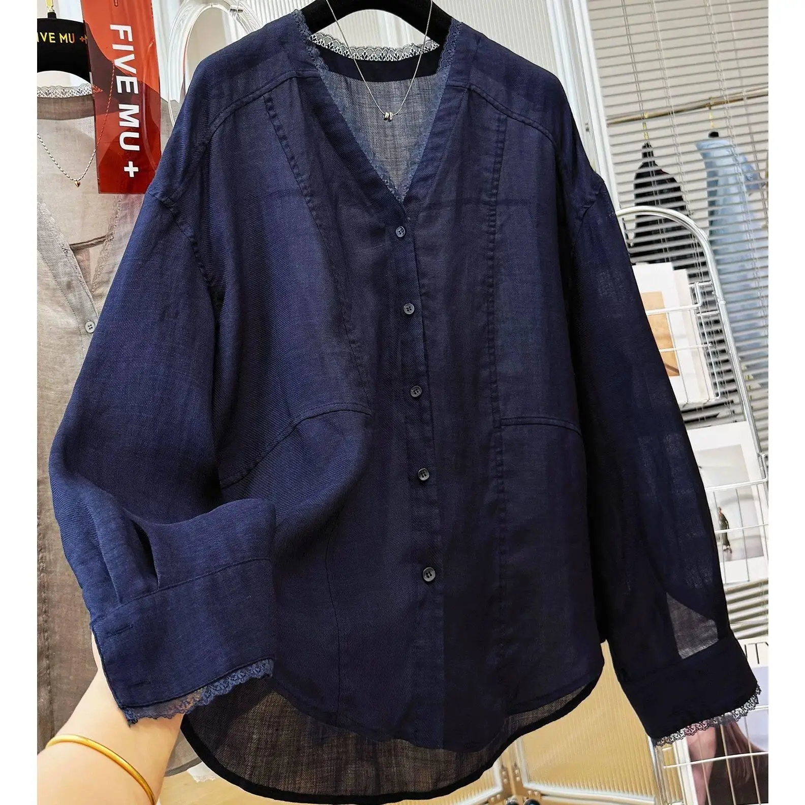 Summer Loose Fit Men's Shirt Lace Trim V-Neck Thin Casual Style Polyester Fiber Long Sleeve Regular Length Open Cardigan