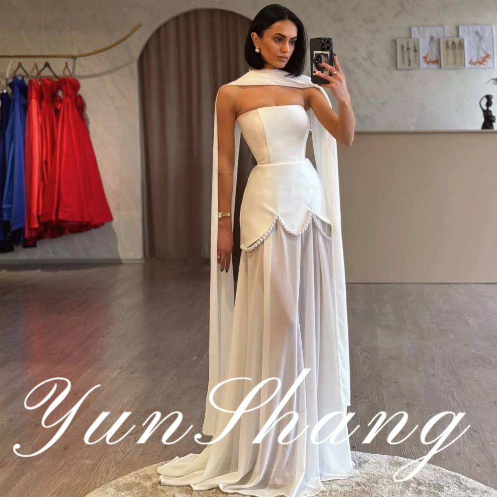 

YunShang Customized Strapless Elegant Evening Gown with Exquisite Pearl Trim Extended Asymmetric Hem and Graceful Detachable