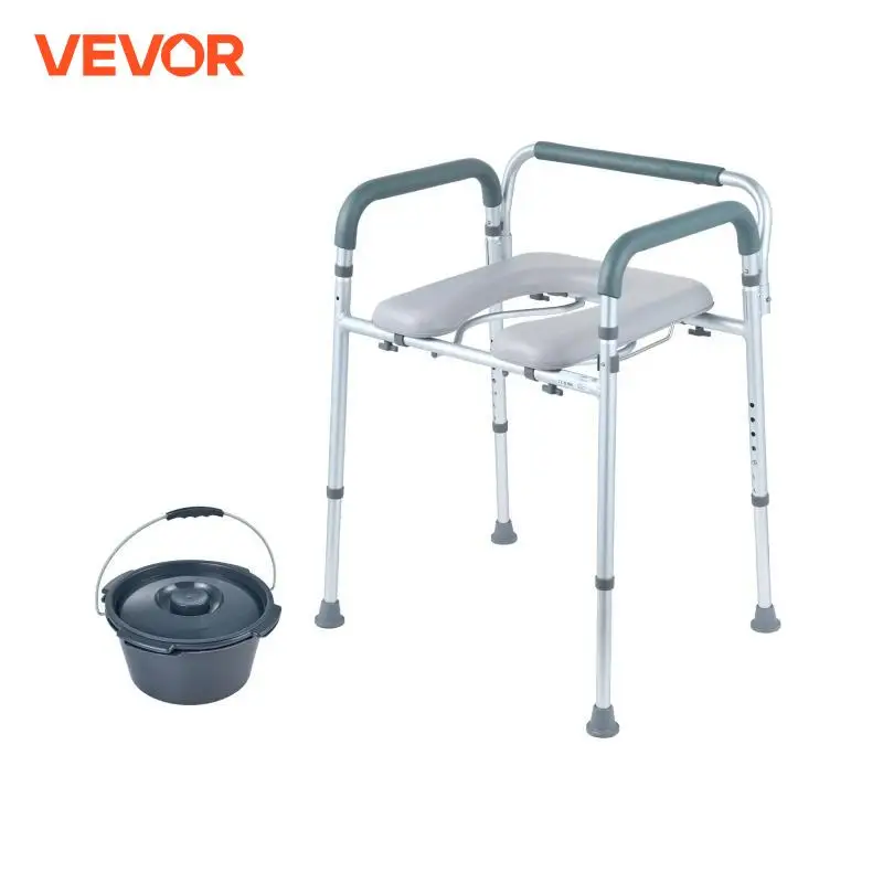 VEVOR 패딩 시트 및 팔이 있는 침대 옆 좌석, 7 단계 높이 조절 가능, 5.8L 탈착식 버킷, 쉬운 조립