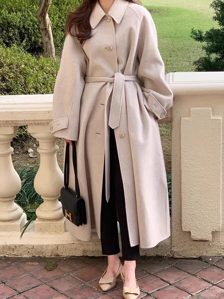 

Зимнее пальто в стиле ретро, женское пальто на одной пуговице с завязкой на талии, приталенное шерстяное пальто с боковым разрезом, корейская верхняя одежда Long Sve