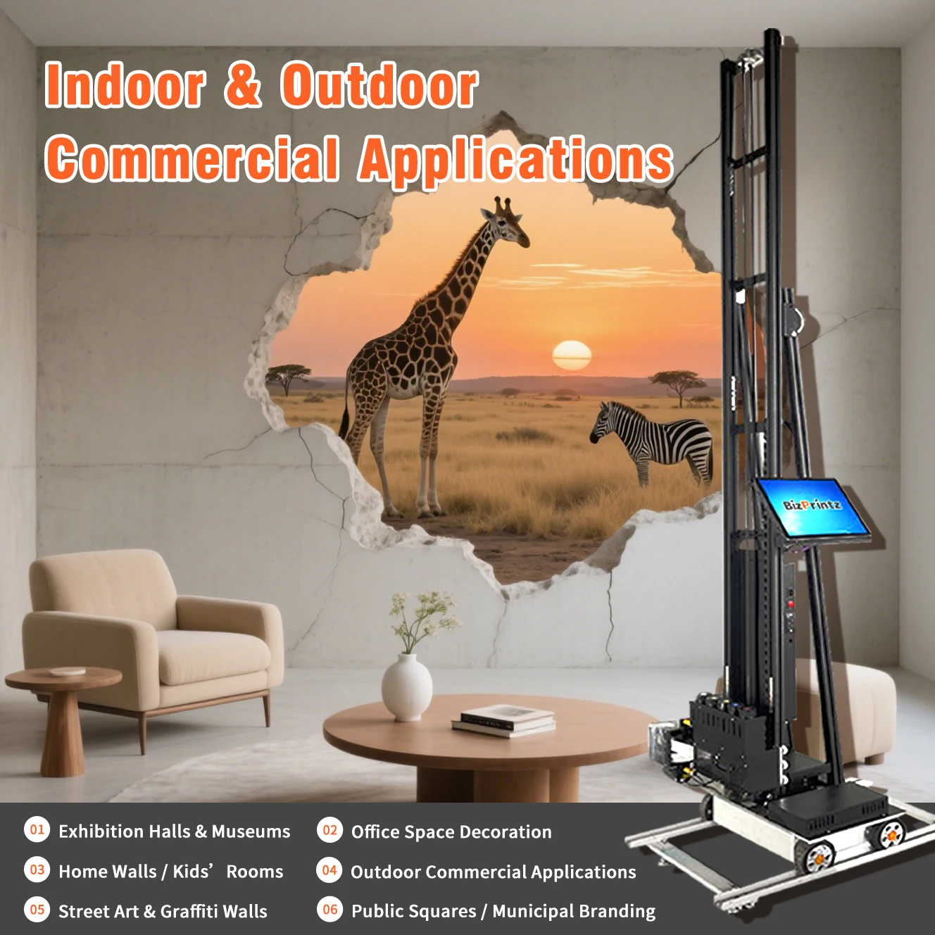 BizPrintz Smart UV Wall Painting Machine 3D Commercial Vertical Wall Panel Inkjet Printer 1 Year Automatic Wall Printer