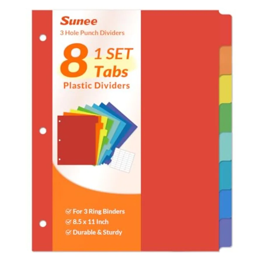 

8 Tab Binder Dividers, Plastic Dividers for 3 Ring Binder, 3 Ring Binder Dividers with Tabs for School Office Home Supplies, Br