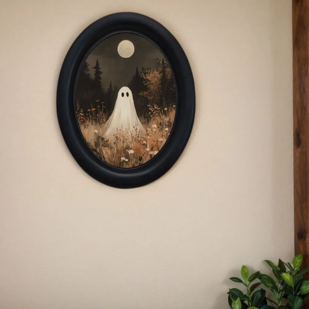 1 Piece of Vintage Full Moon Wilderness Floral Ghost Wall Decoration, Cute Dark Halloween Desktop Wall Hanging, Oval Wooden Decoration, Suitable for Home and Office, Perfect Halloween and Living Room Decoration, Gothic Vintage Style Picture Frame