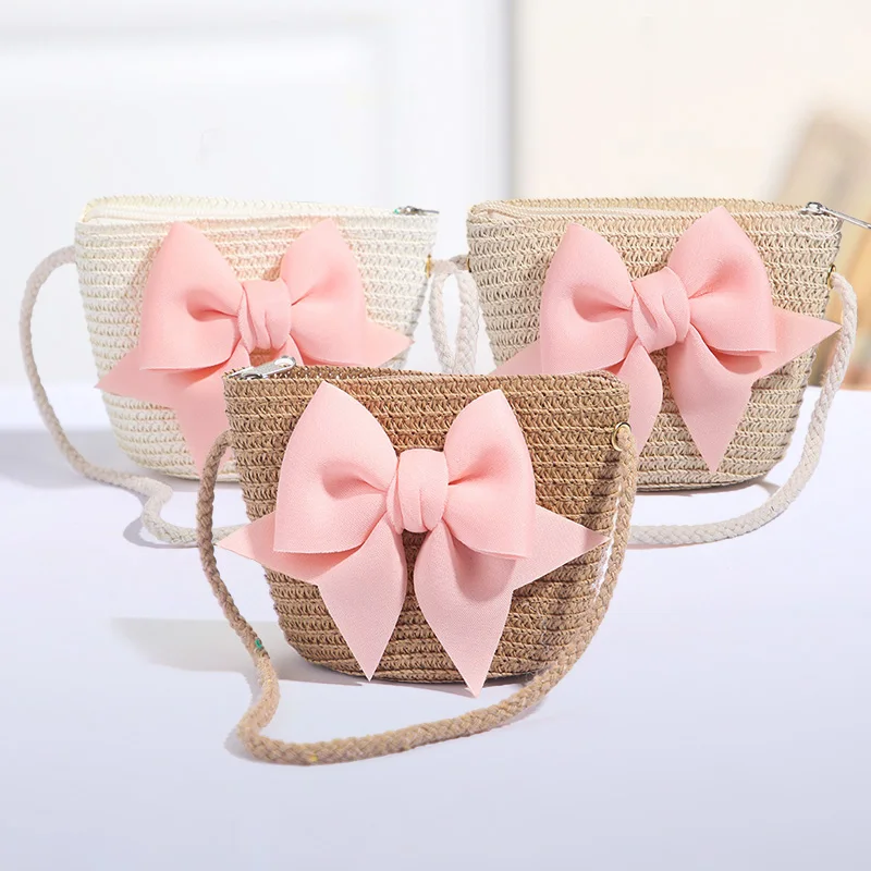 

New Pink Bow Girl Bags Zipper Woven Straw Kids Princess Messenger Bags Outdoor Travel Keys Candy Crossbody Bags