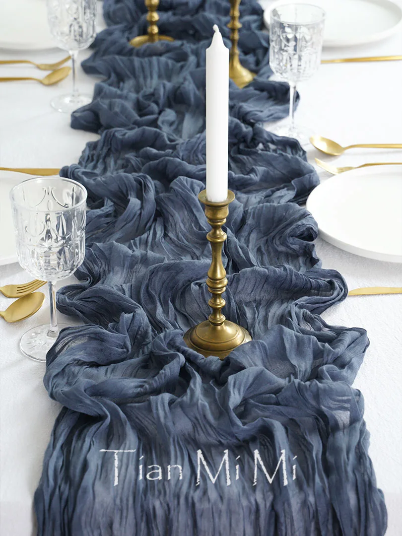عداء طاولة شاش شبه شفاف ، أزرق غامق ، غطاء جبن عاصف ، طاولة حلوى ، ديكور زفاف عتيق لتناول الطعام ، إعدادات طاولة منزلية مريحة