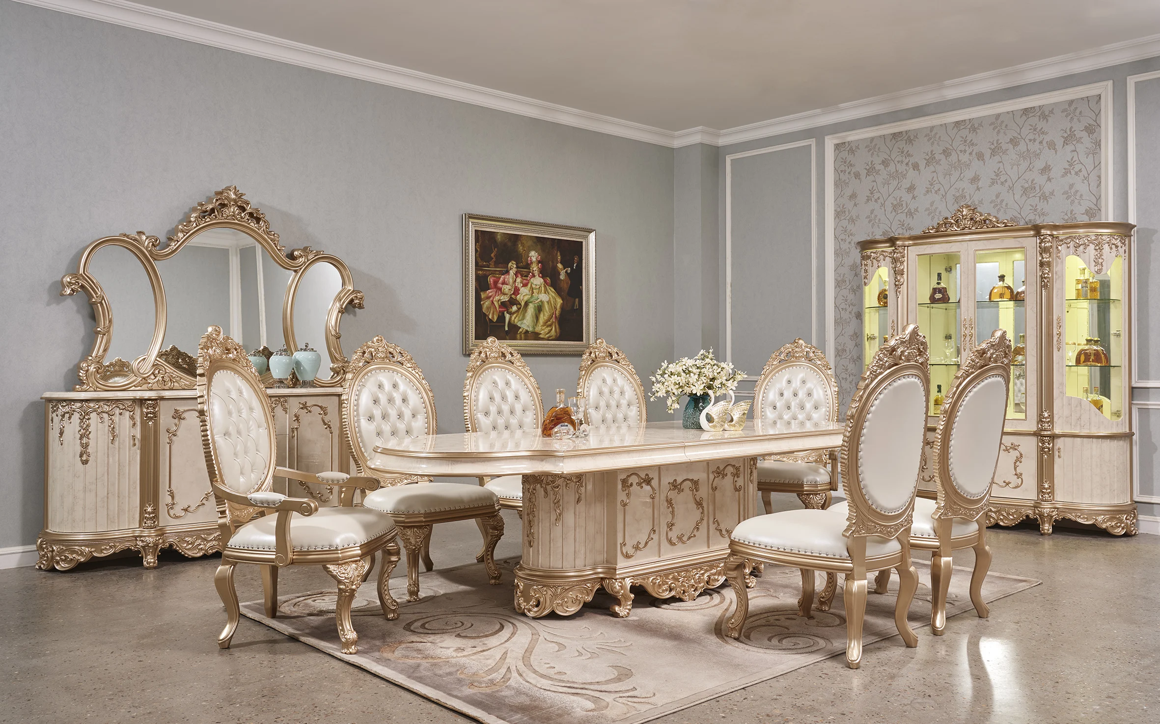 European Home Turntable Table Round Dining Rotating Table Solid Wood Dining Table Chair Combination