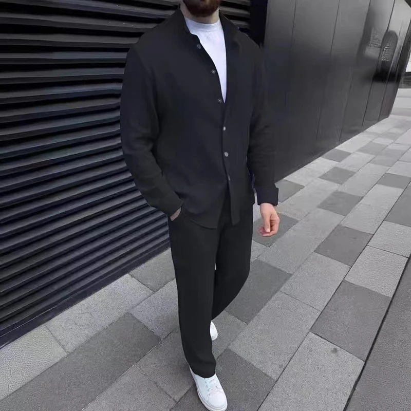 Streetwear Fashion Solid Color Cotton Outfits Men Fall Daily Casual Long Sleeve Tops And Pants Two Piece Suits Vintage Mens Sets