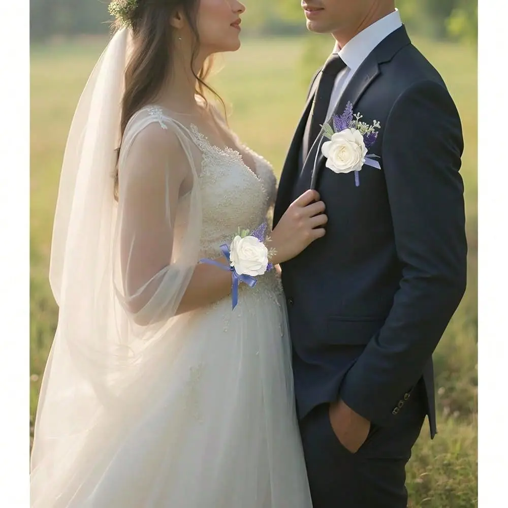 

And Boutonniere Set Lavender Blue Corsage Wrist And Men Boutonniere For White Wedding Party Prom Suit Decorations