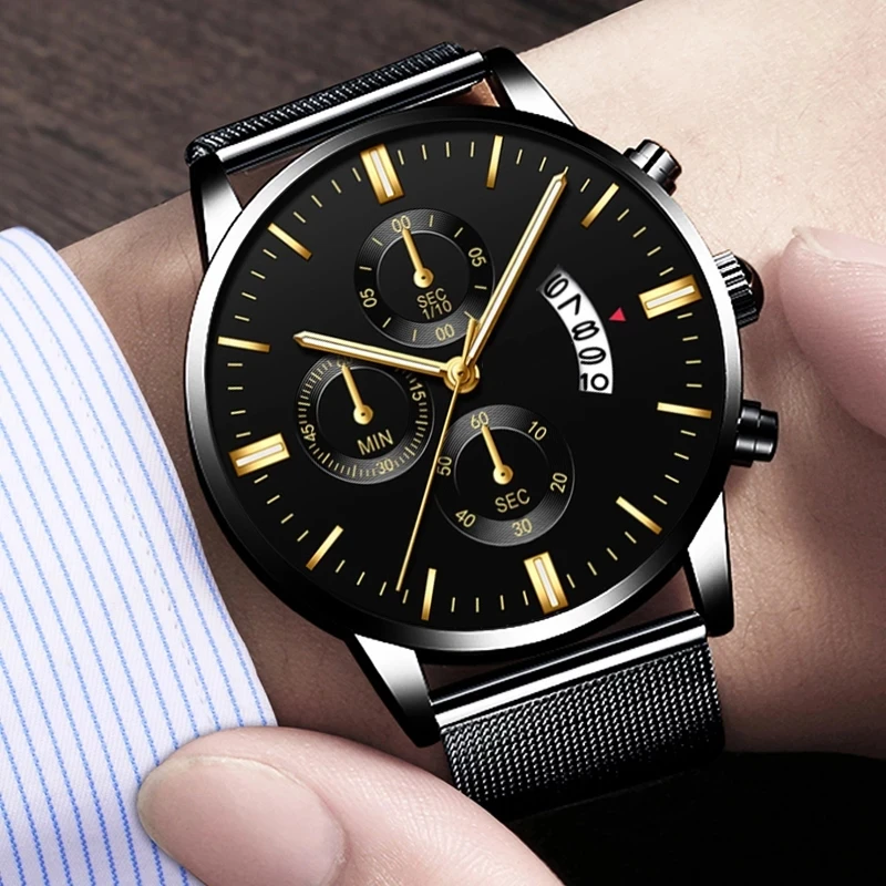 

New Top Luxury Men Casual Calendar Watch Business Leather Strap Watches Mens Stainless Steel Mesh Quartz Watch Relogio Masculino