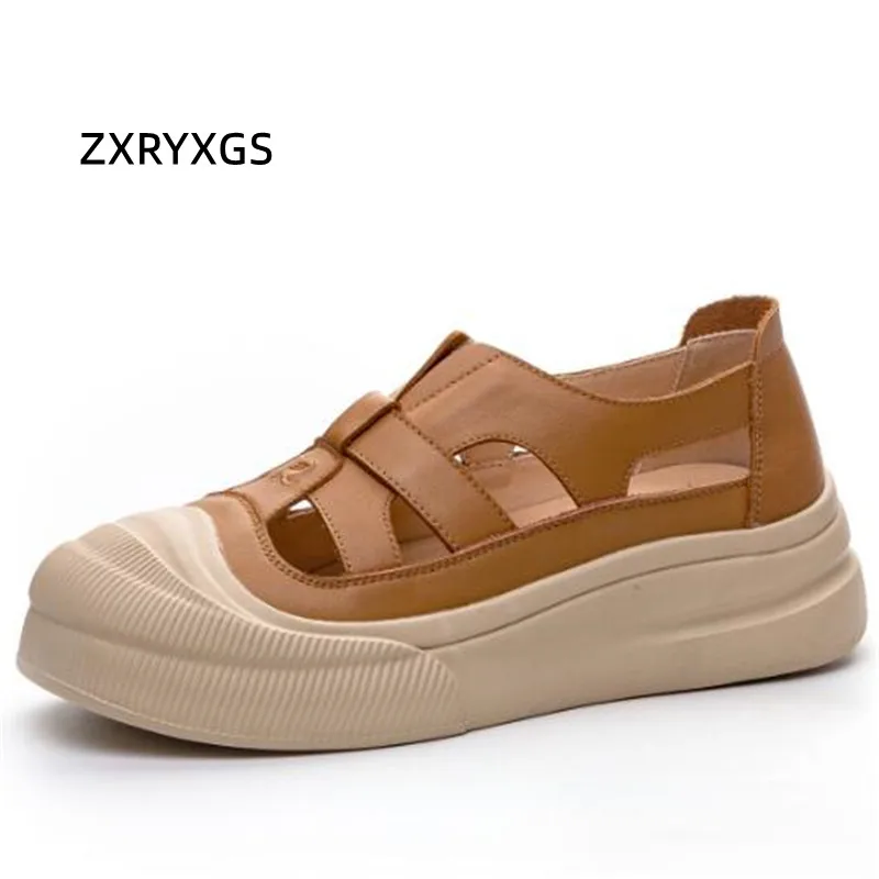 

ZXRYXGS 2024 Top Cowhide Summer Vulcanized Shoes Sneakers Sandals Flat Thick Sole Women Shoes Casual Sneakers Elevated Sandals