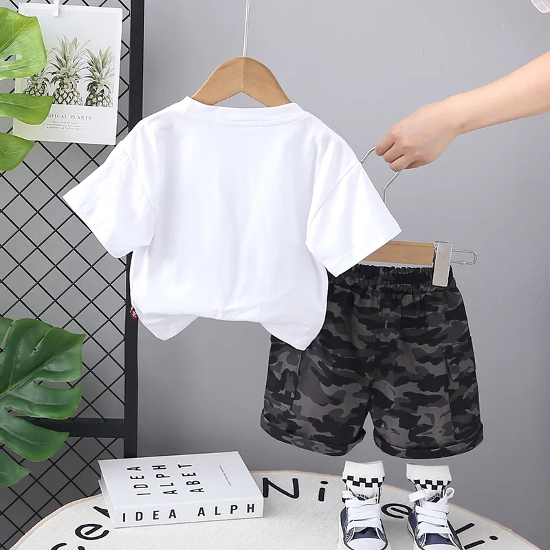 Baby Boy Summer Clothes 2025 Korean Childrens Boys Casual Letter O-neck Short Sleeved T-shirts + Camouflage Shorts Two Piece Set