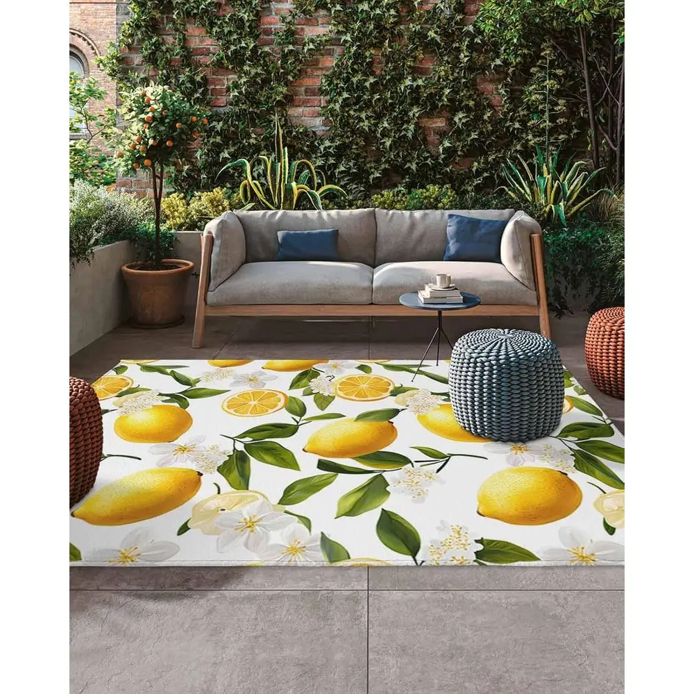 

Patio Outdoor Rug with Watercolor Lemons and Green Leaves, Non-Slip Absorbent Mat for Deck, Backyard, Porch, Farm-Inspired Decor