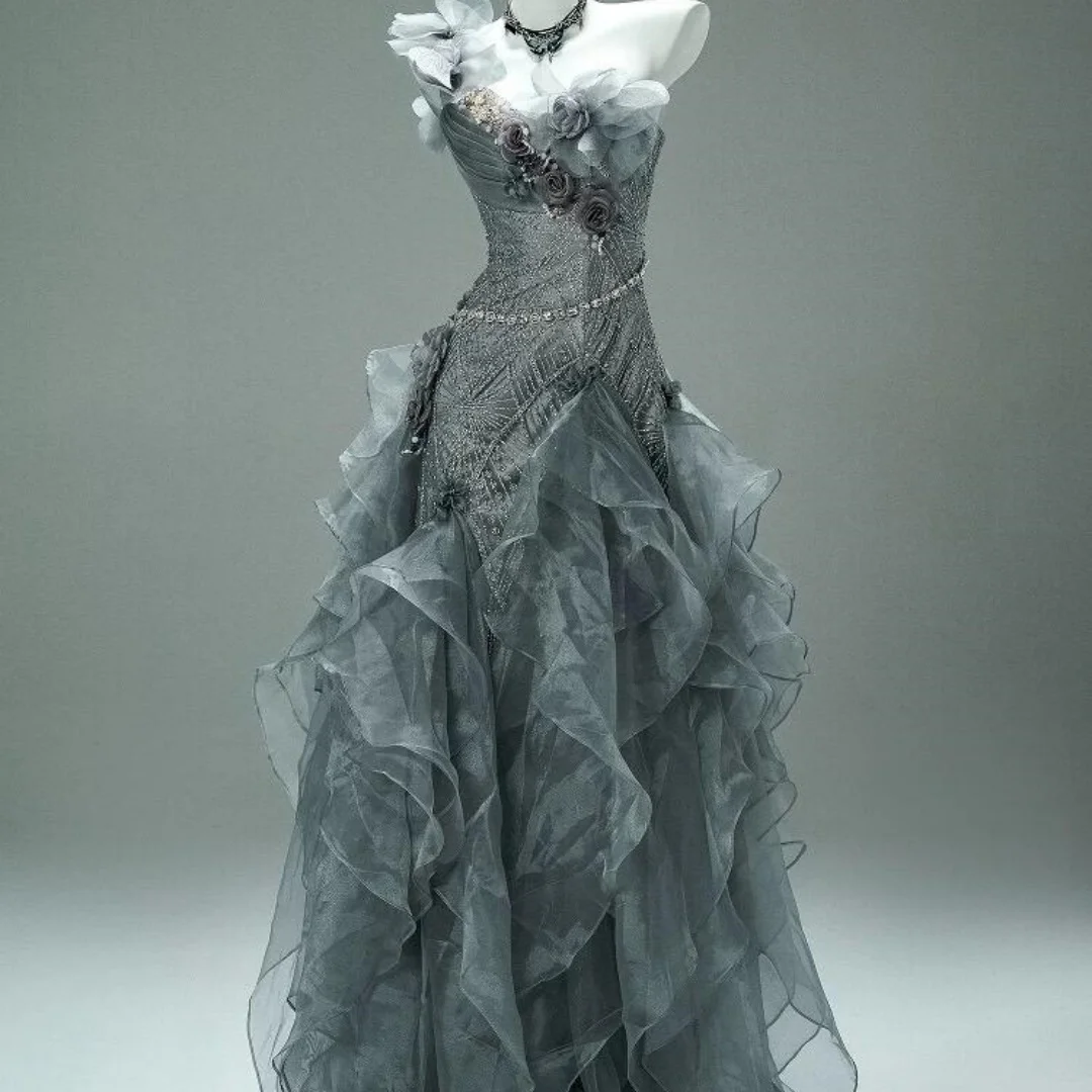 Statuesque Quinceanera Dresses Grey Tulle Mermaid Customized One Shoulder Beading 3D Flowers Ruffled vestidos de 15 años