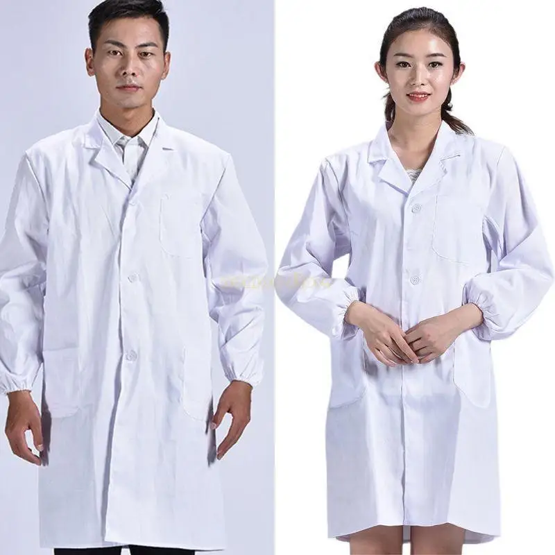 31BF – manteau laboratoire blanc unisexe à manches longues pour femmes hommes, col à revers cranté, boutonné, uniforme