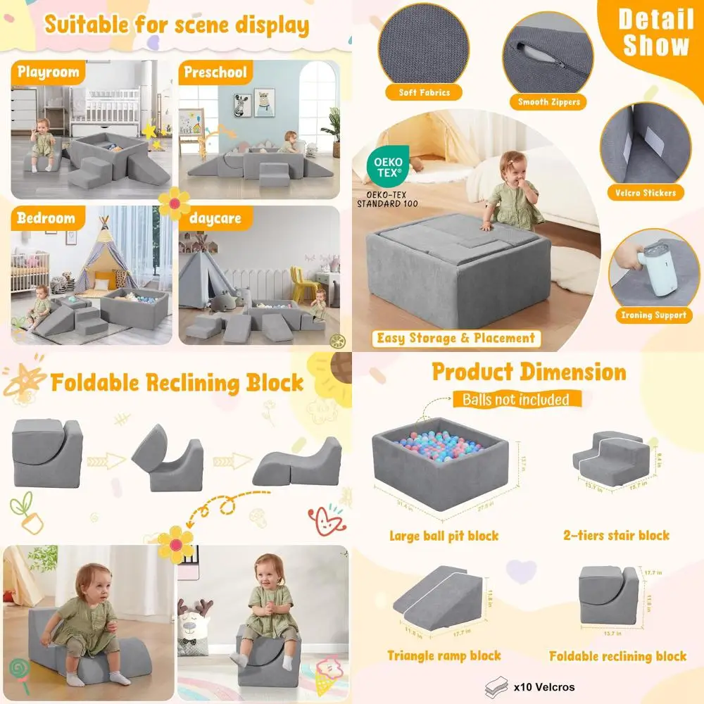 Blocchi da arrampicata in schiuma per bambini da 6 pezzi con pozzo per palline, set da gioco morbido per interni per età 1-3, struttura modulare lavabile (palle non inc