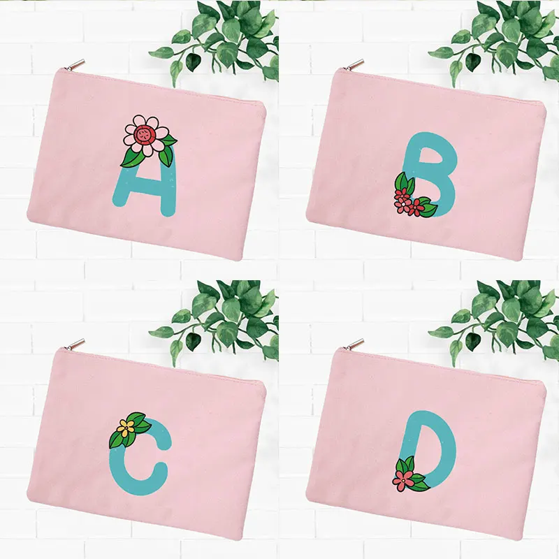 Floral Letter Print  Makeup Bag Bridesmaid Makeup Bags Linen Zipper Pouch Travel Organizer Case Mujer Bolsas Women Cosmetic Bag