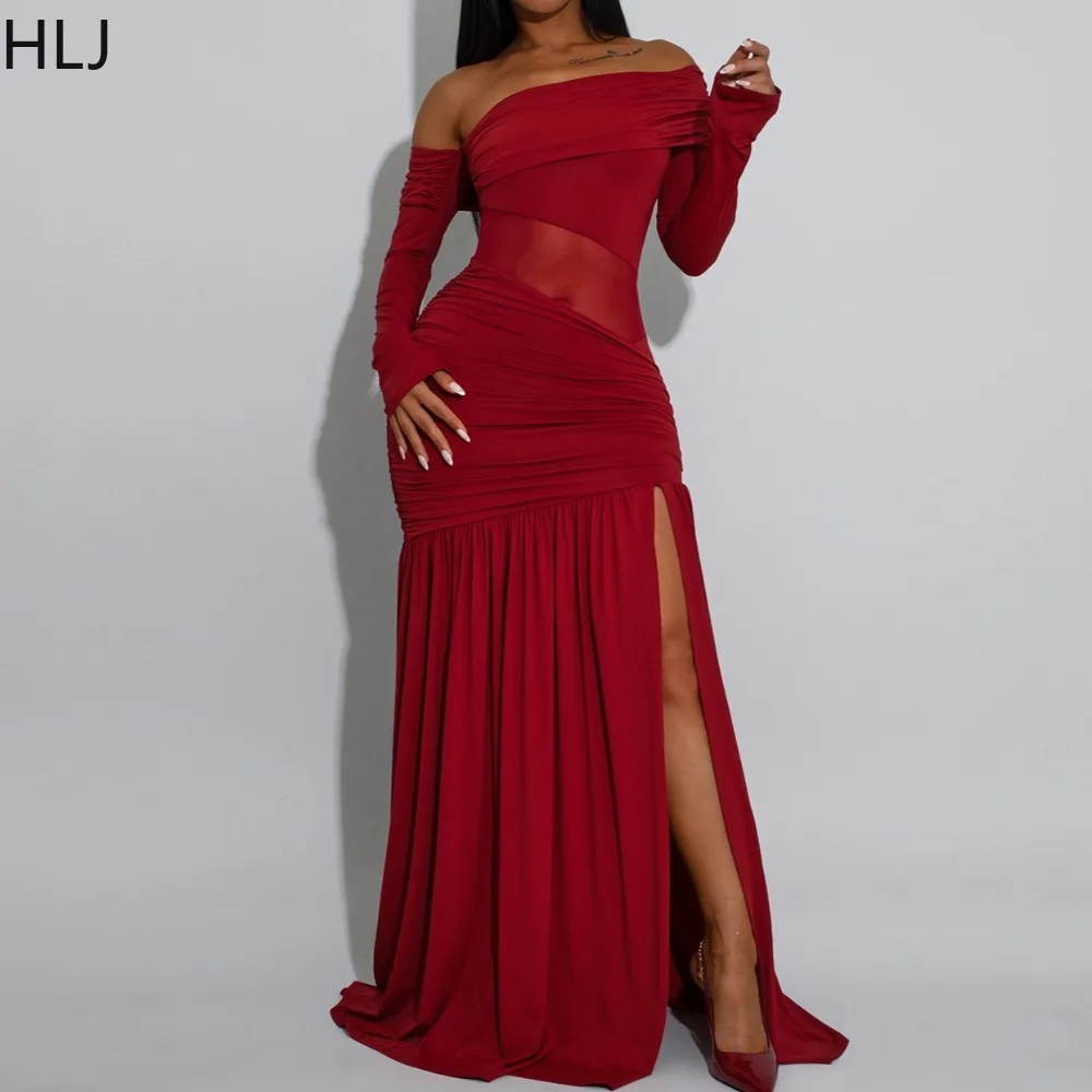 

HLJ Sexy Mesh Patchwork Bodycon Dresses for Women Off Showlder Long Sleeves High Slit Dress Female Streetwear Vestidos 2025 New
