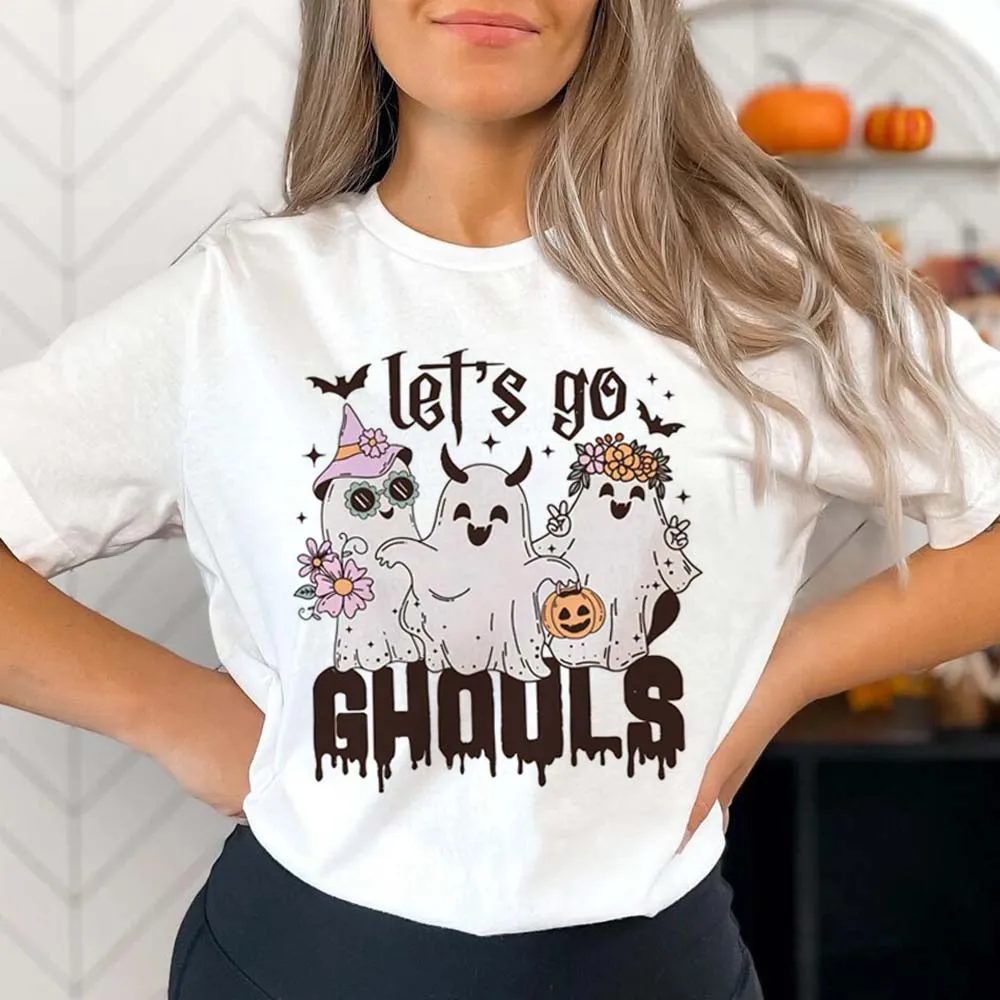 Funny Lets Go Ghouls Floral Ghost Printed Women's Cartoon Pattern O-Neck Fashionable Short Sleeved Top Basic Casual T-Shirt