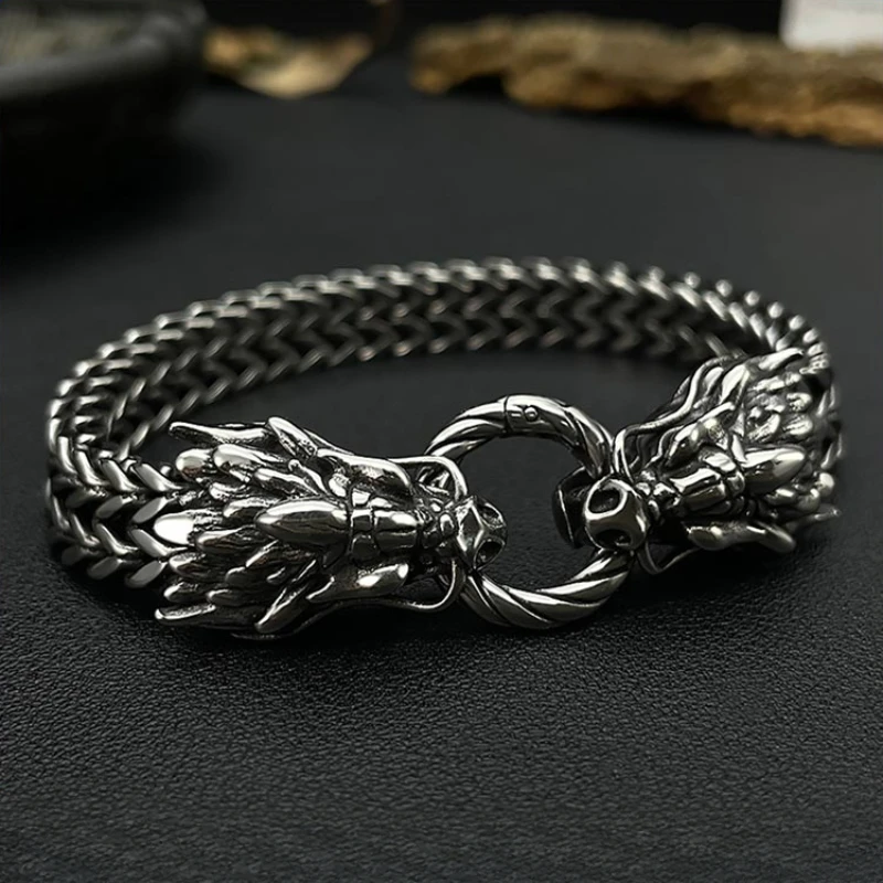 Viking Dragon Bone Bracelet for Men Stainless Steel Woven Mesh Cuff Punk Gothic Norse Mythology Jewelry Gift
