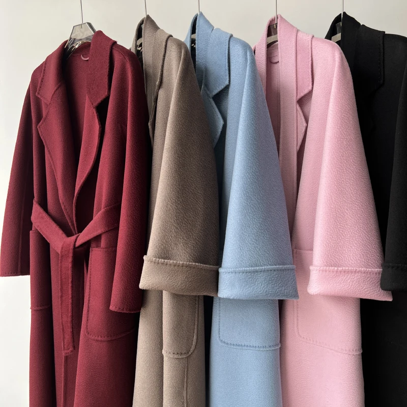 MAX New Colors !! Hand Sewn Double-sided Cashmere Water Ripple Long Lace Up Silhouette Wool Coat for Women Cashmere Coat Brand