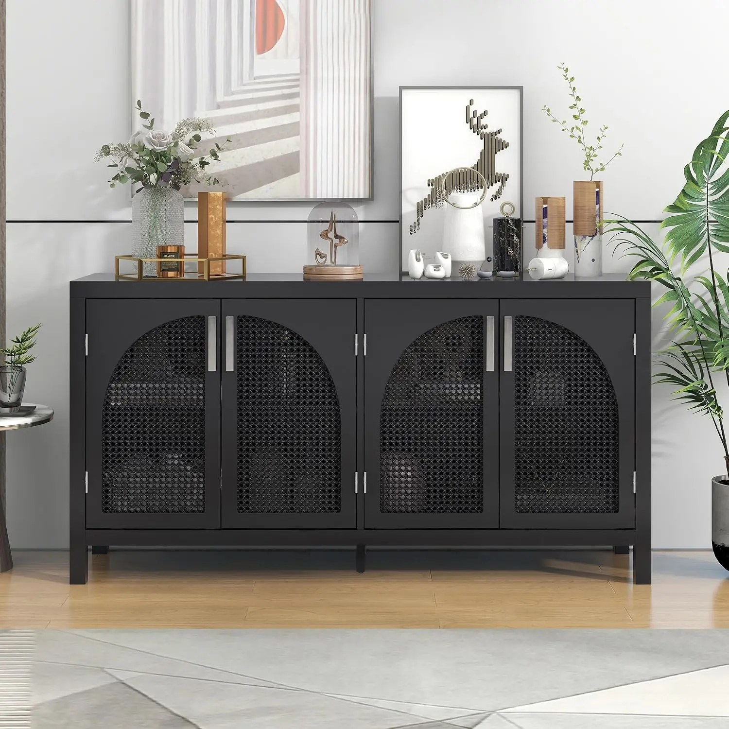 Wooden Sideboard With Rattan Door & Metal Handle,4 Door Adjustable Shelf Console Table For Dining Living Entryway,Customized