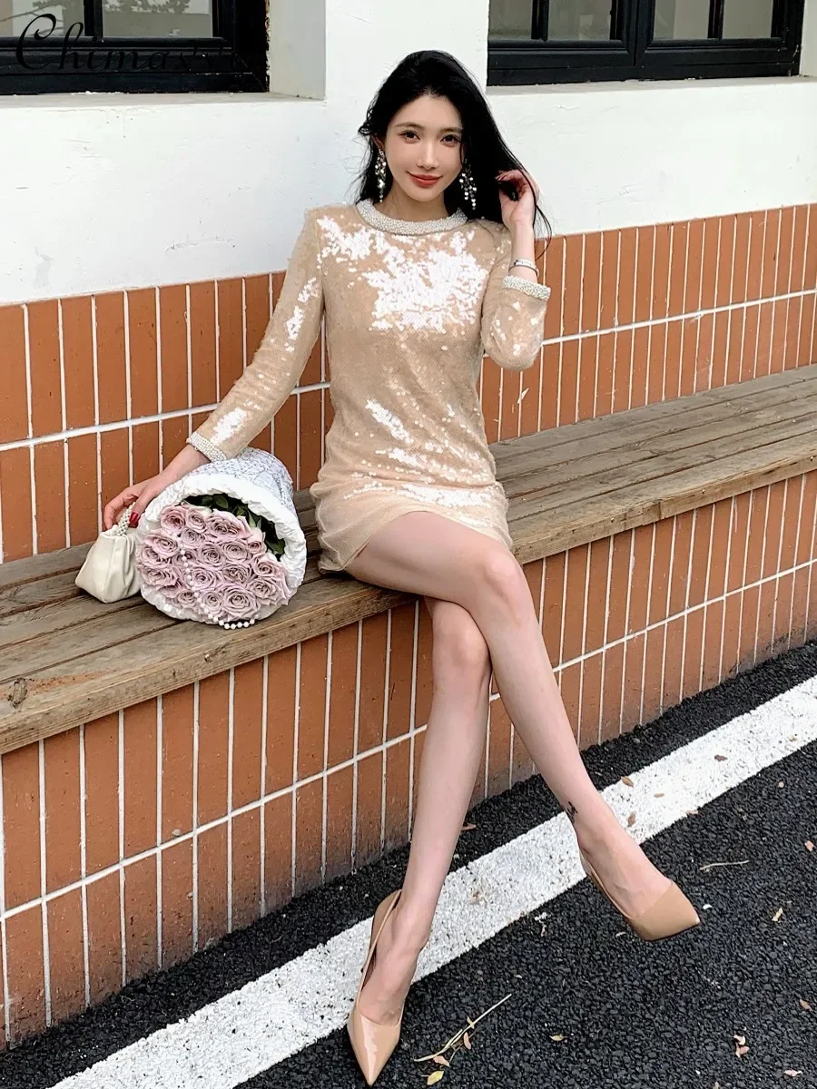 Sexy Girl Apricot Mesh Sequin Embroidered Pearl Decorative Dress French Luxury High-end Elegant Slim Women's Party Dresses