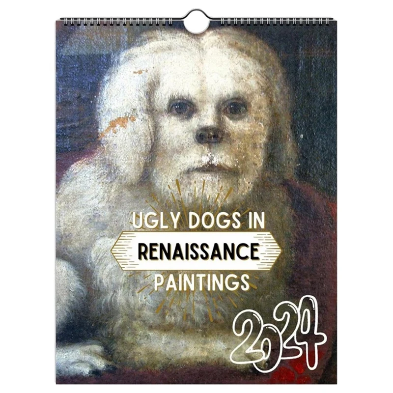 Calendario de perro de dibujos animados 2024, pintura renacentista, perros feos, decoración de pared, 12 meses, 2024