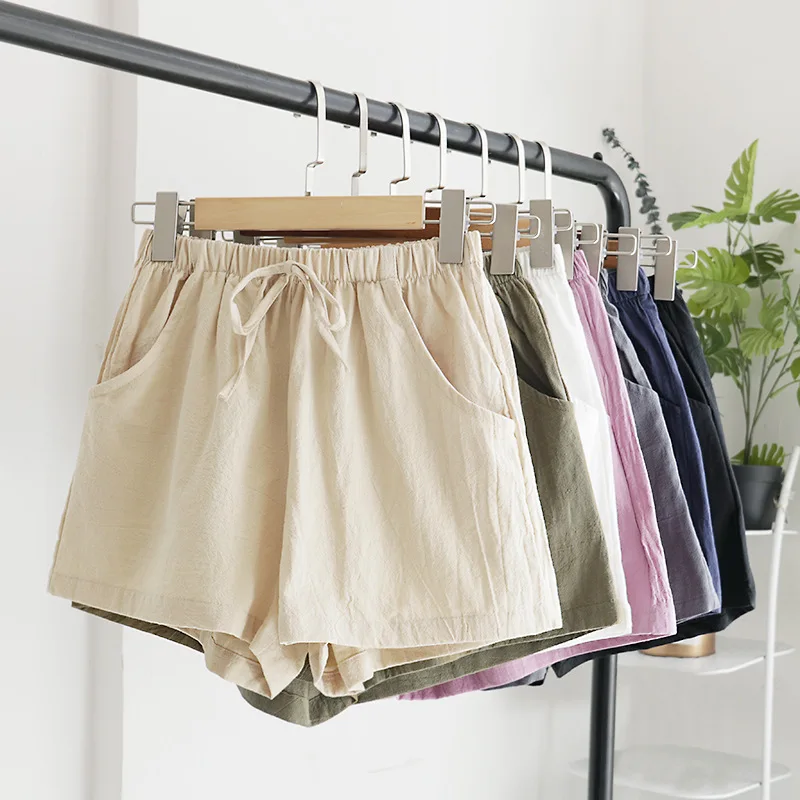 High Waisted Cotton and Linen Shorts for Women's Summer Elastic Waist Loose Casual Linen Korean Wide Leg Pants
