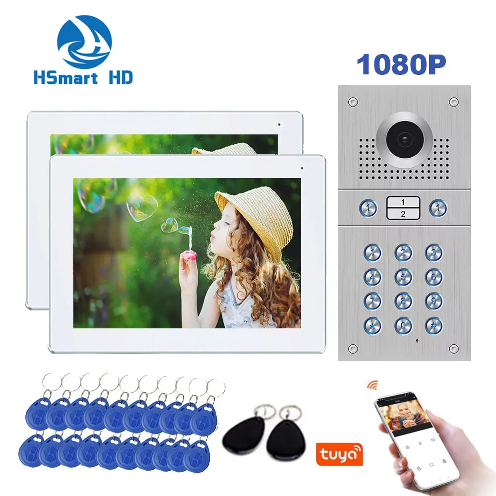 10 Inch Touch Screen 2 Monitor 1080P Tuya WiFi Wired Video Intercom with Camera and Code Keypad/RFID Cards Access Control System