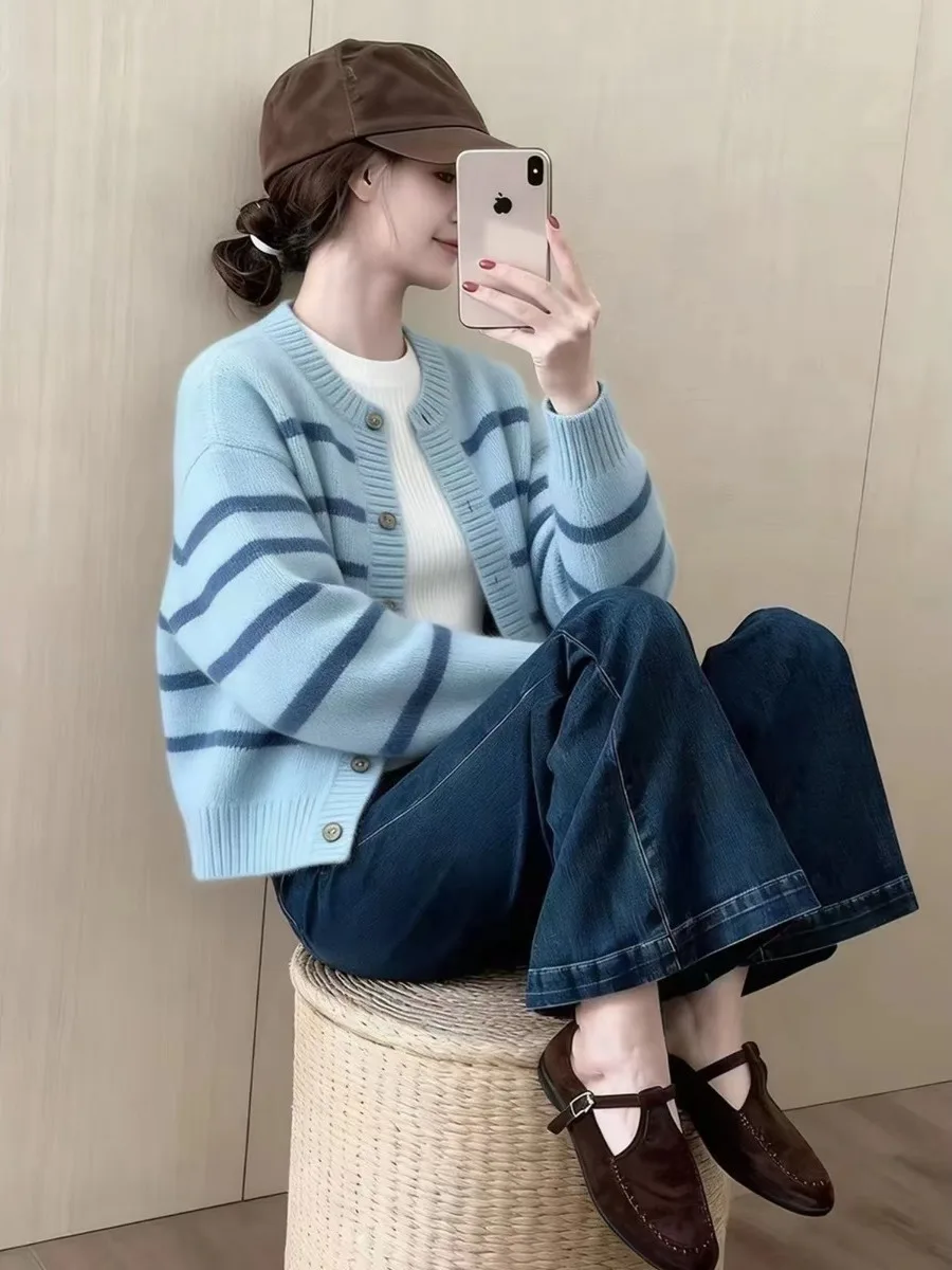 Blue White Striped Knitted Open Cardigan Women's Loose round Neck Soft Long Sleeve Sweater Outerwear Versatile Spring Autumn Top