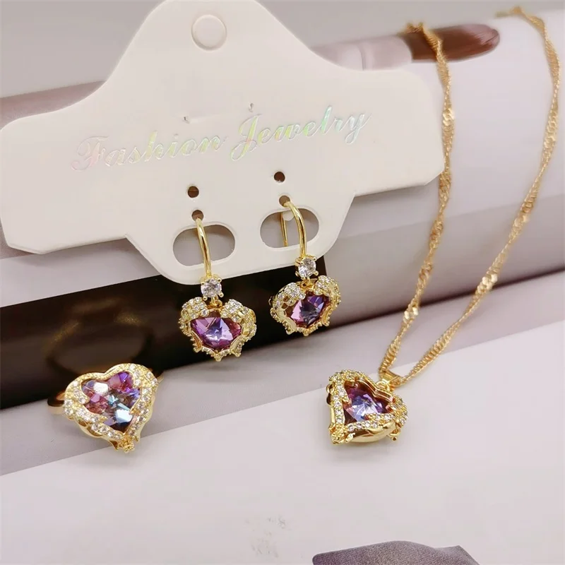 Exquisite Micro-paved Colorful Heart of the Ocean Necklace Earrings Ring Set Fashionable Gorgeous Temperament Wedding Celebratio