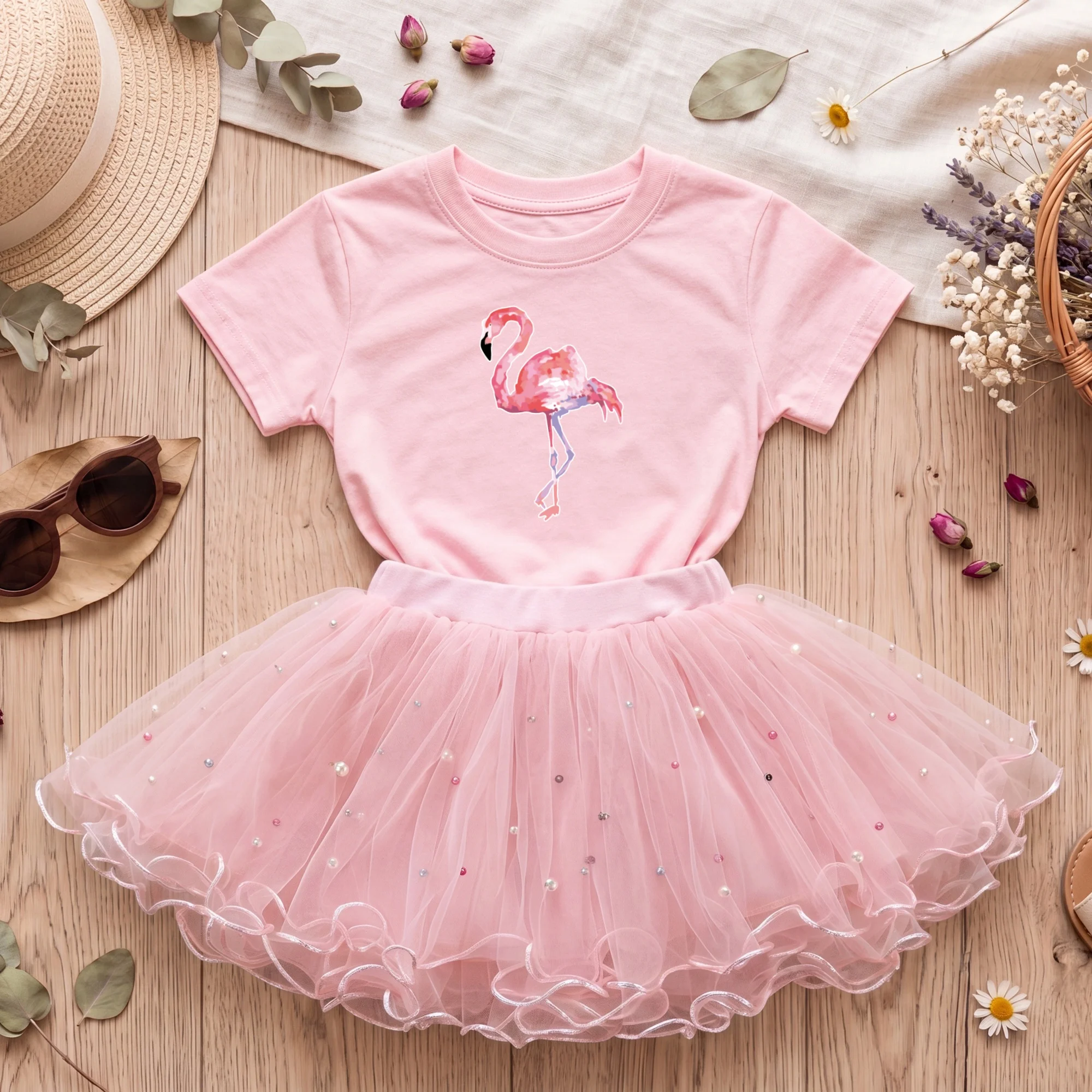 Children Fashion Clothing 2 Pack Set Girls Flamingo Print T-Shirt Summer Mesh Tutu Short Skirt Casual Outfits