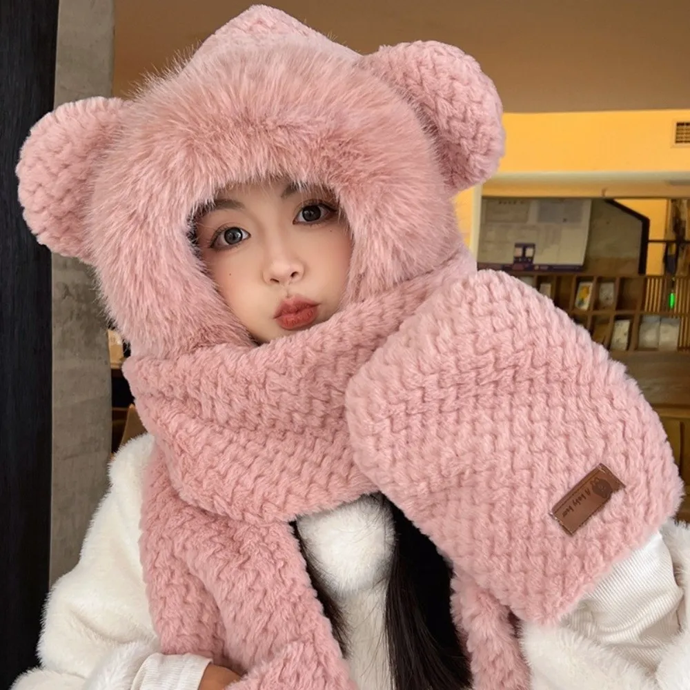 Cute Warm Hooded Scarf Hat Windproof Thickened Warm Cap Anti-Freezing Fluffy Soft 2-in-1 Hat Scarf for Winter Outdoor