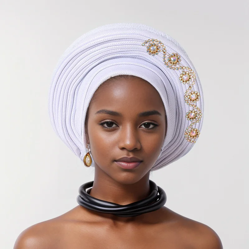 Nigerian Wedding Geles African Headtie Auto Gele Turbans for Women Aso Oke Fabric Muslim Headwear Headpiece Female Head Wraps