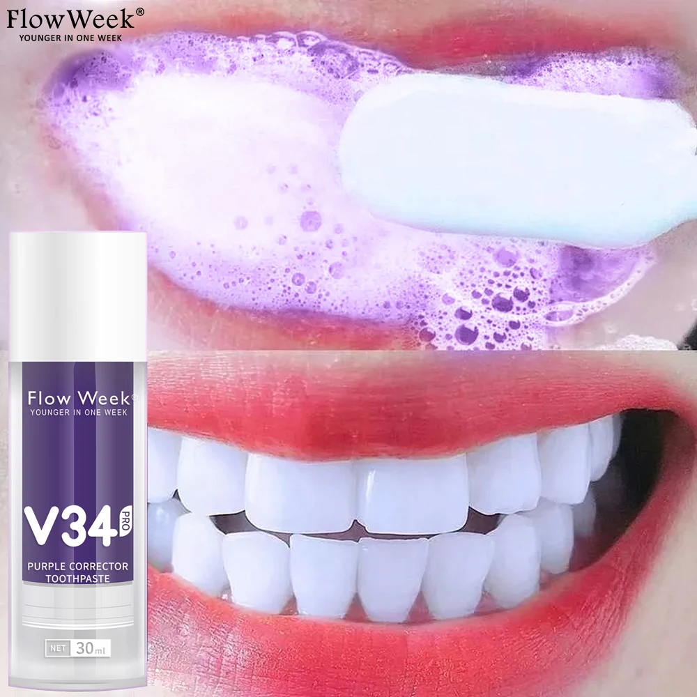 FlowWeek V34 Purple Toothpaste, Teeth Whitening V34, White Teeth, White Toothpaste, Bleach Teeth, Remove Cigarette Coffee Stains