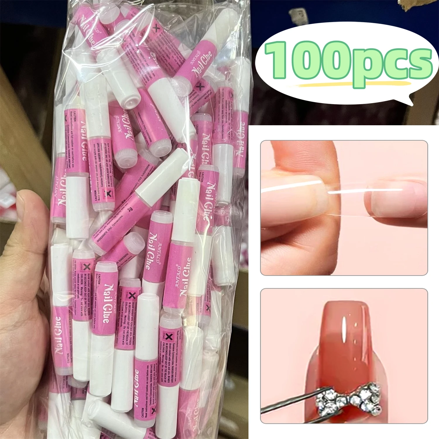 100Pcs 2g Super Strong Nail Glue for Acrylic Fake Nails Tip Grafting Extension Glue False Nail Rhinestone Tips Glue Gel Uv Nail*