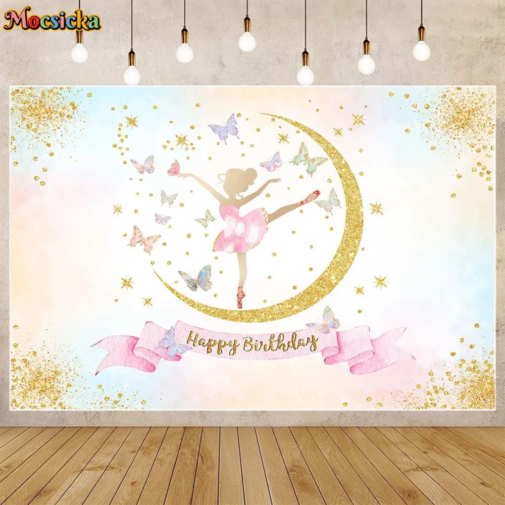 

Mocsicka Fairy Princess Birthday Backdrop Photography Butterfly Golden Glitter Girl Birthday Party Decor Photo Background Banner