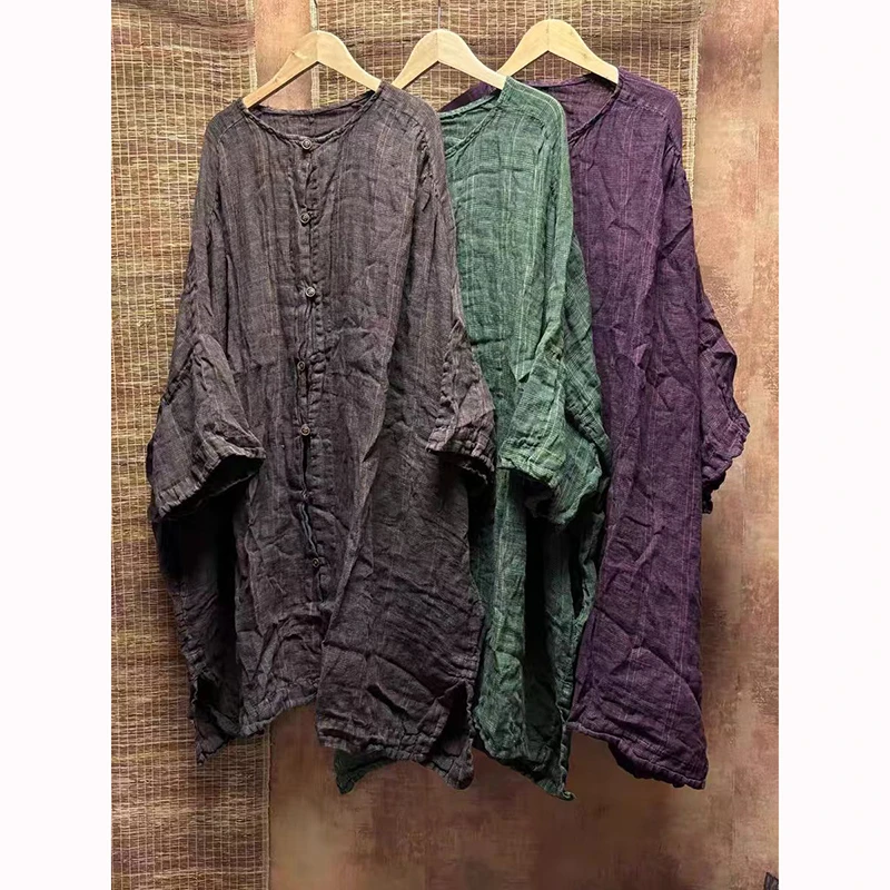 Primavera verão artes estilo feminino batwing manga camisa de comprimento médio único breasted vintage listrado algodão linho blusa boa qualidade